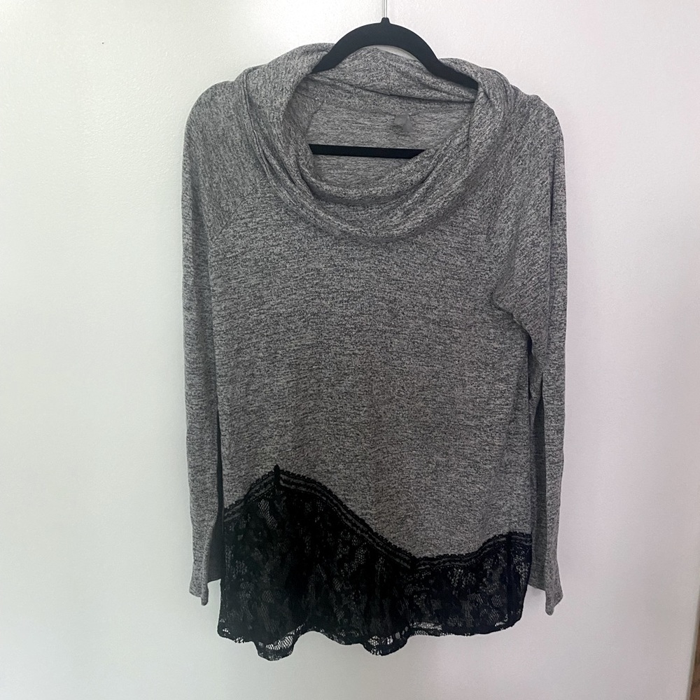 Gray Large Cowl-neck Vanity Sweater with Black Lace Detail on Bottom Half